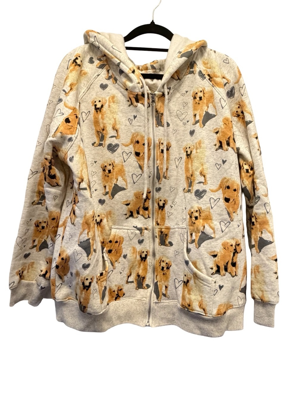 Dog Print Zip Up Hoodie Womens Hooded Sweatshirt Fits M/L Yellow Lab Retriever